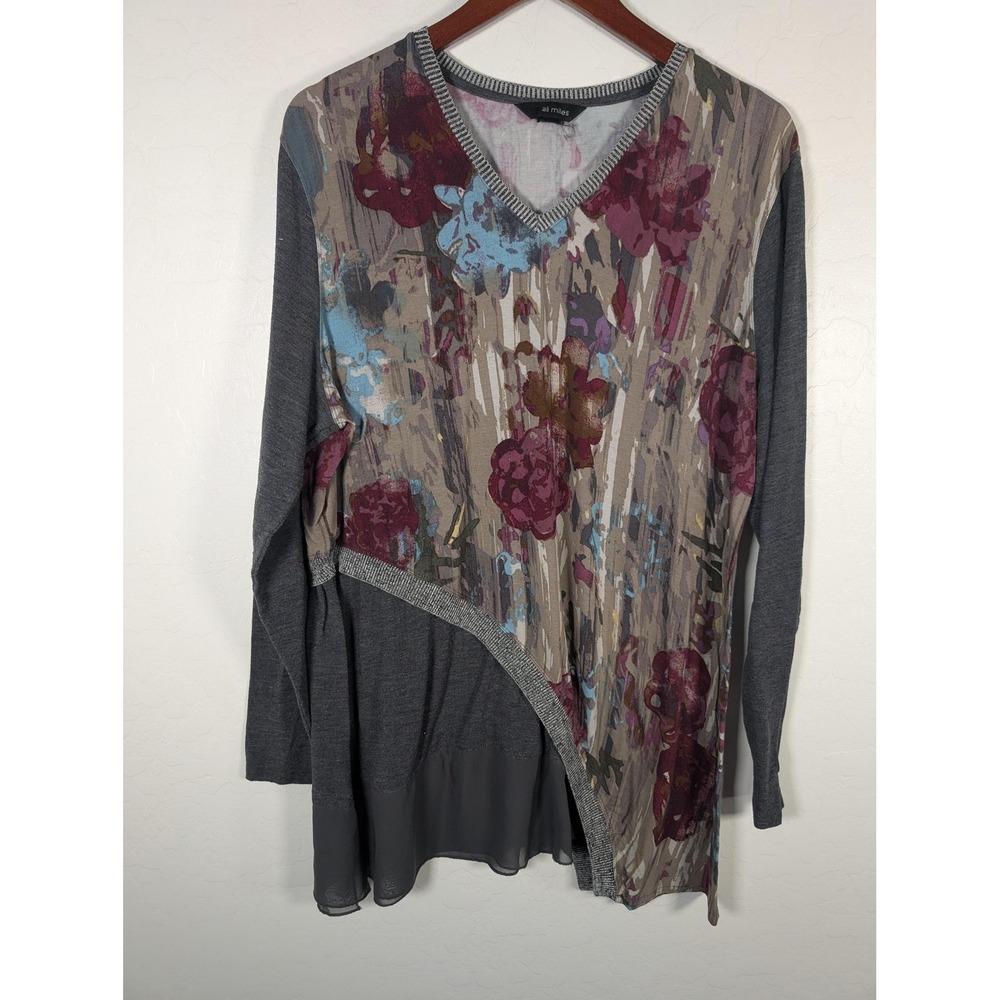 Ali Miles Shirt Womens Large‎ Gray Floral Asymmetrical Hem Tunic Top Long Sleeve